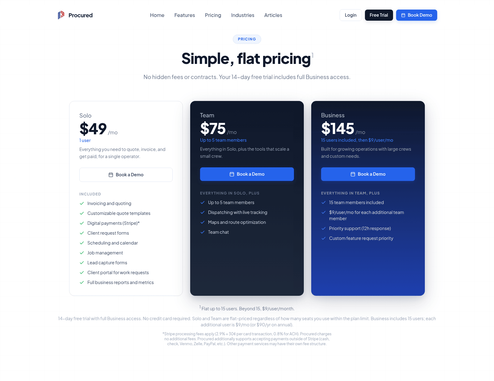 Procured pricing page